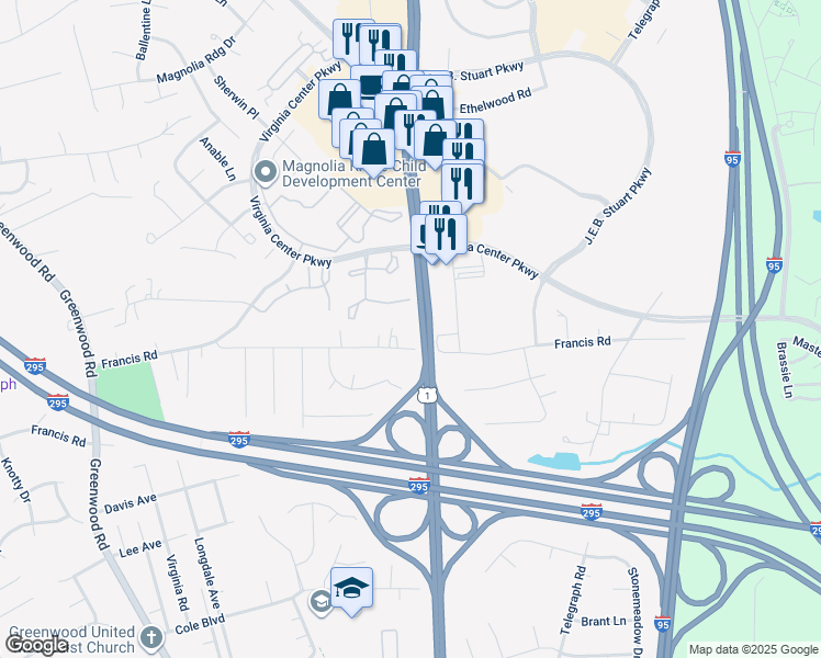 map of restaurants, bars, coffee shops, grocery stores, and more near 1204 Old Francis Road in Glen Allen