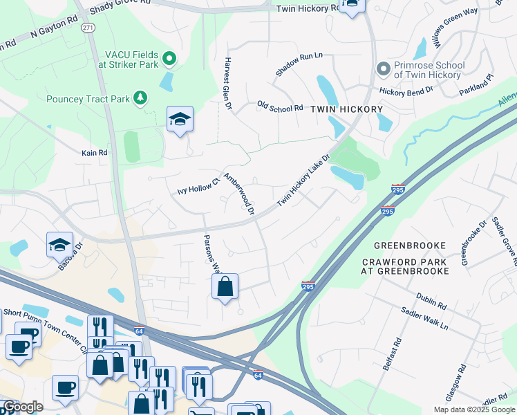 map of restaurants, bars, coffee shops, grocery stores, and more near 5004 Amberwood Circle in Glen Allen