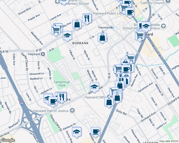 map of restaurants, bars, coffee shops, grocery stores, and more near 3088 Madsen Street in Hayward