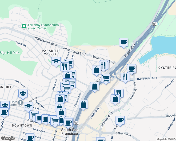 map of restaurants, bars, coffee shops, grocery stores, and more near 136 Pecks Lane in South San Francisco