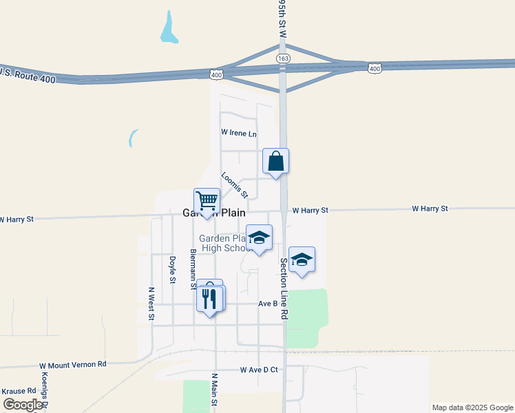 map of restaurants, bars, coffee shops, grocery stores, and more near 29922 West Harry Street in Garden Plain
