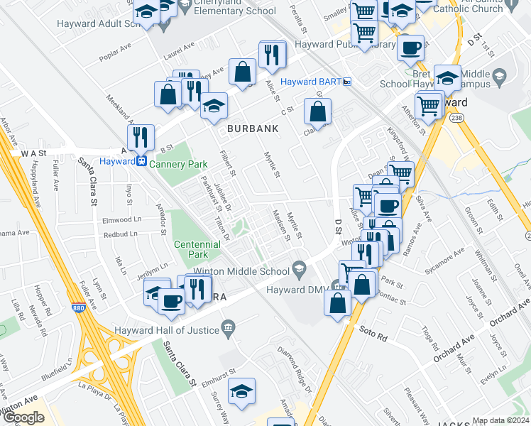 map of restaurants, bars, coffee shops, grocery stores, and more near 610 Staley Avenue in Hayward