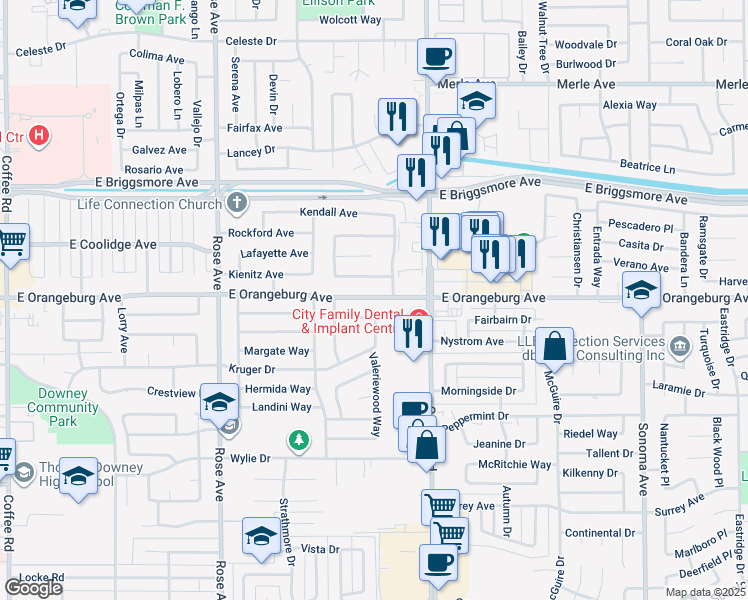 map of restaurants, bars, coffee shops, grocery stores, and more near 2024 East Orangeburg Avenue in Modesto