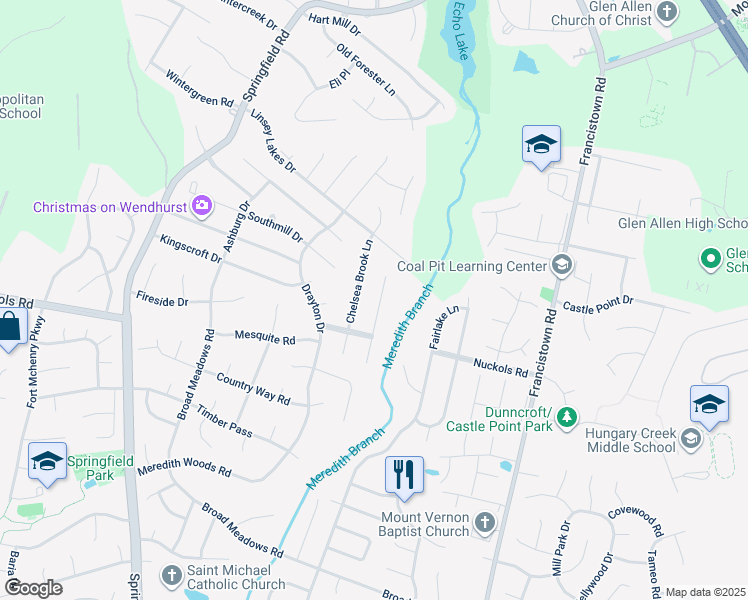 map of restaurants, bars, coffee shops, grocery stores, and more near 9331 Crystal Brook Terrace in Glen Allen