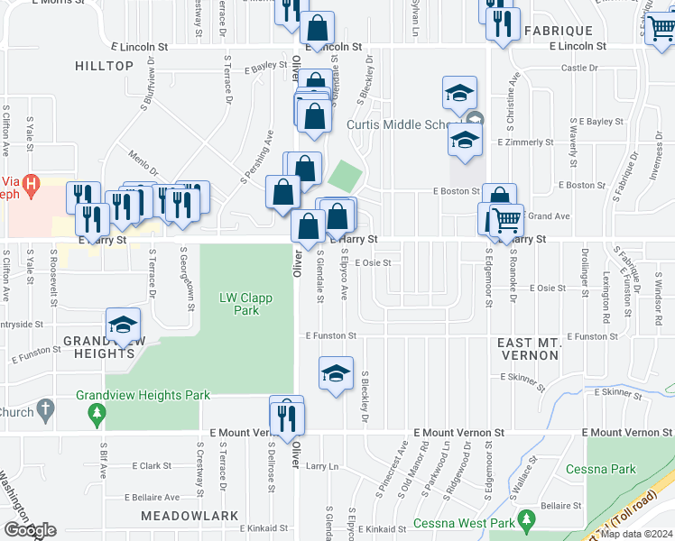 map of restaurants, bars, coffee shops, grocery stores, and more near 1629 Elpyco Street in Wichita