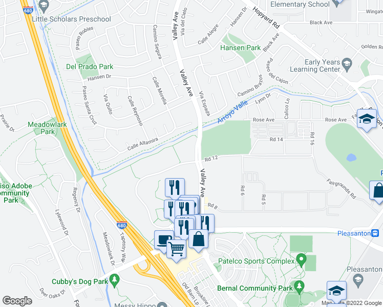map of restaurants, bars, coffee shops, grocery stores, and more near in Pleasanton