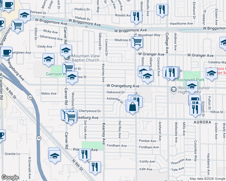 map of restaurants, bars, coffee shops, grocery stores, and more near 1417 Oakwood Drive in Modesto