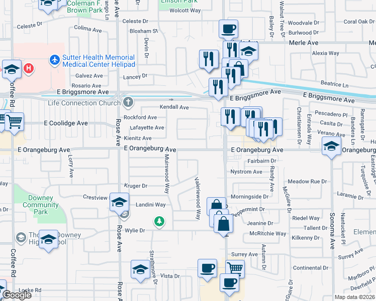 map of restaurants, bars, coffee shops, grocery stores, and more near 2024 East Orangeburg Avenue in Modesto