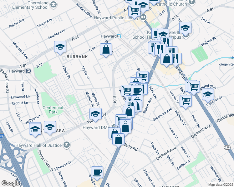 map of restaurants, bars, coffee shops, grocery stores, and more near 24034 Alice Street in Hayward