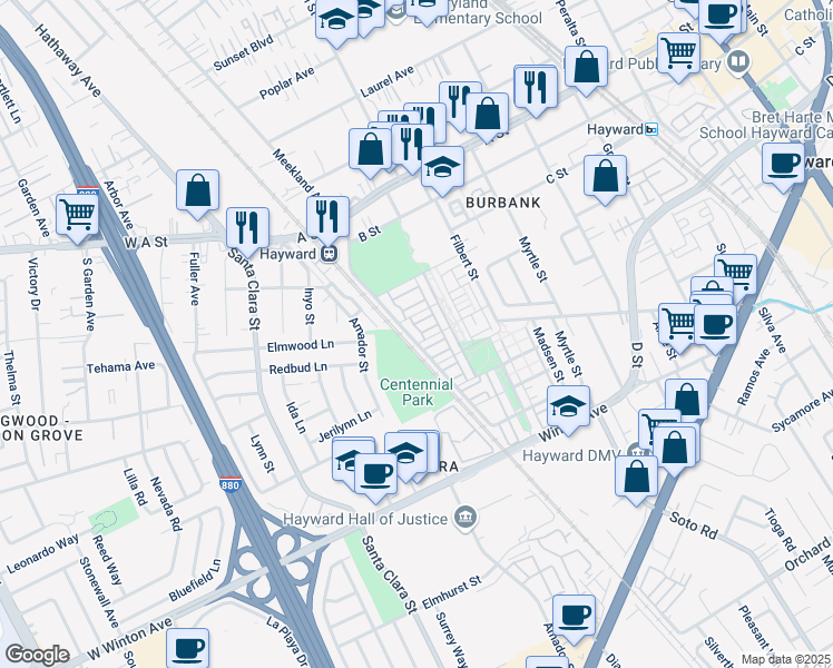 map of restaurants, bars, coffee shops, grocery stores, and more near 320 Williams Way in Hayward