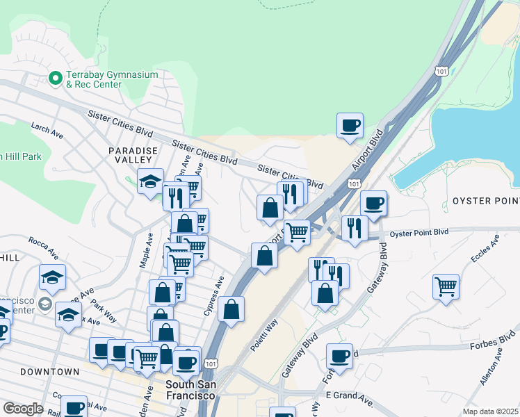 map of restaurants, bars, coffee shops, grocery stores, and more near 114 Chapman Avenue in South San Francisco
