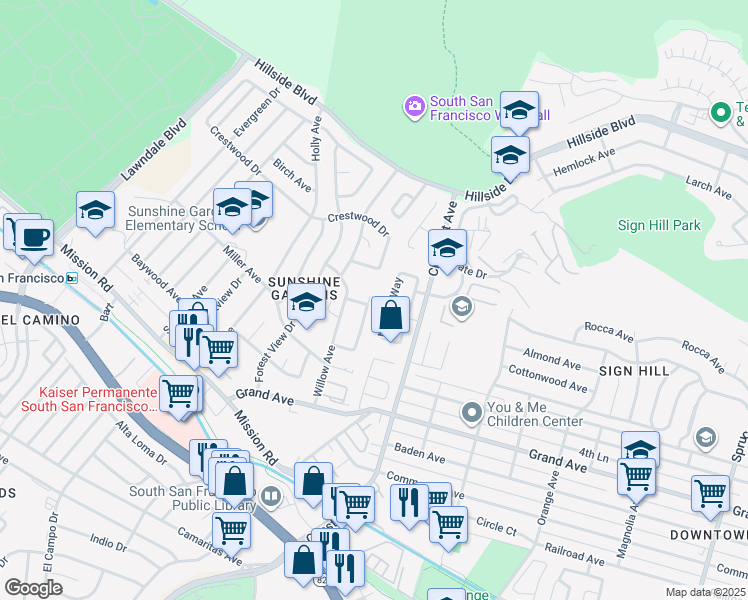 map of restaurants, bars, coffee shops, grocery stores, and more near 978 Brusco Way in South San Francisco