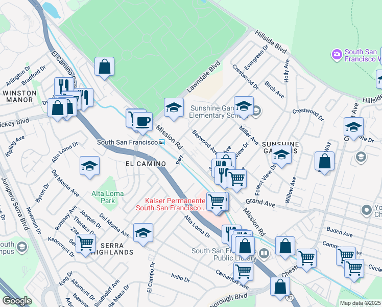 map of restaurants, bars, coffee shops, grocery stores, and more near 1270 Mission Road in South San Francisco