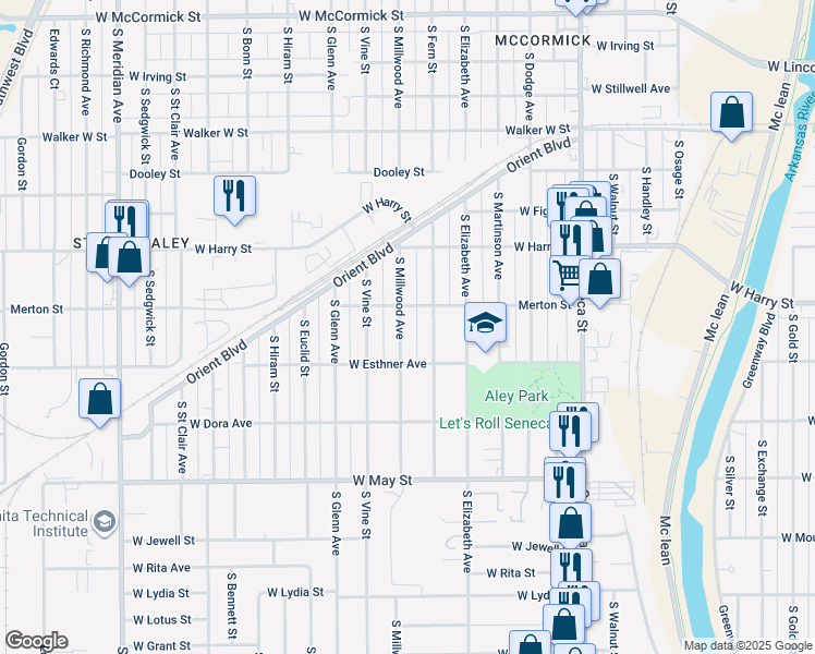 map of restaurants, bars, coffee shops, grocery stores, and more near 1721 South Fern Street in Wichita