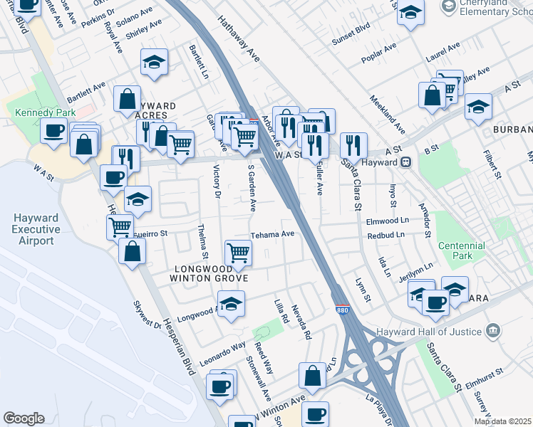 map of restaurants, bars, coffee shops, grocery stores, and more near 22330 South Garden Avenue in Hayward