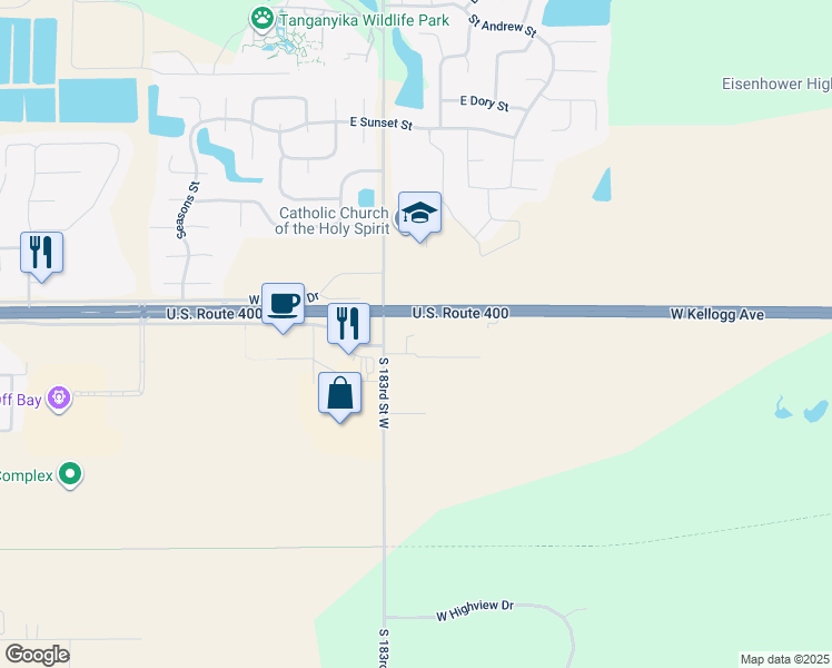 map of restaurants, bars, coffee shops, grocery stores, and more near 18121 U.S. 54 in Goddard