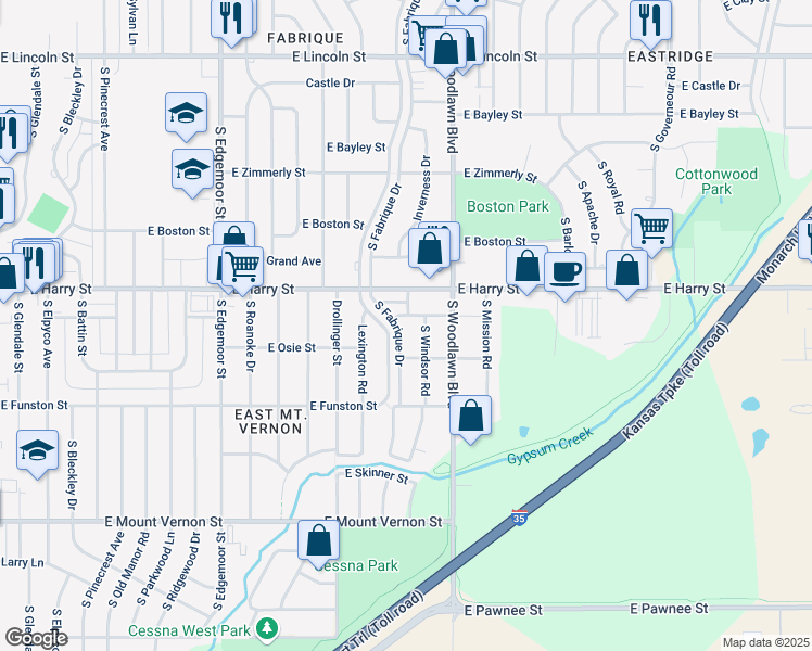map of restaurants, bars, coffee shops, grocery stores, and more near 1634 Fabrique Street in Wichita