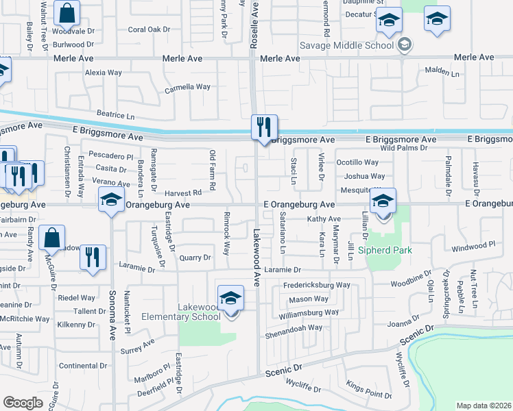 map of restaurants, bars, coffee shops, grocery stores, and more near 3000 East Orangeburg Avenue in Modesto