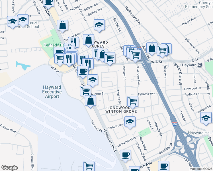 map of restaurants, bars, coffee shops, grocery stores, and more near 831 Barker Avenue in Hayward