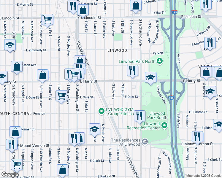 map of restaurants, bars, coffee shops, grocery stores, and more near 1627 South Lulu Street in Wichita