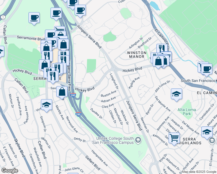 map of restaurants, bars, coffee shops, grocery stores, and more near 117 Dundee Drive in South San Francisco