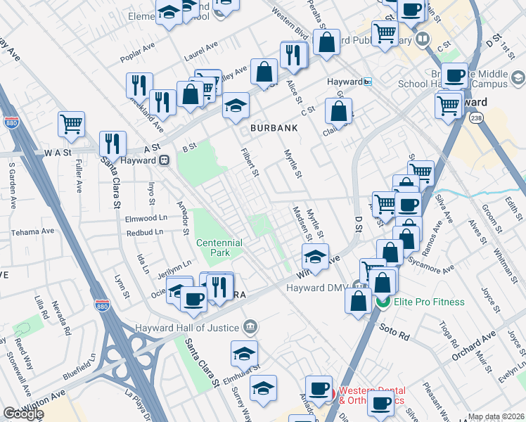 map of restaurants, bars, coffee shops, grocery stores, and more near 2112 Jubilee Drive in Hayward