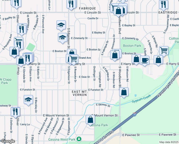 map of restaurants, bars, coffee shops, grocery stores, and more near 1632 South Green Acres Street in Wichita