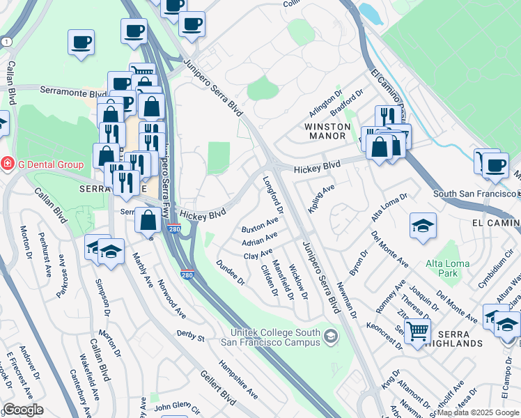 map of restaurants, bars, coffee shops, grocery stores, and more near 117 Dundee Drive in South San Francisco
