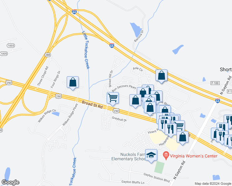 map of restaurants, bars, coffee shops, grocery stores, and more near 4230 Bon Secours Parkway in Henrico