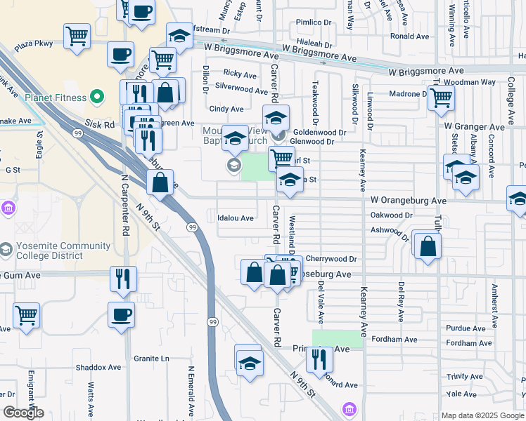 map of restaurants, bars, coffee shops, grocery stores, and more near 1334 Grape Avenue in Modesto