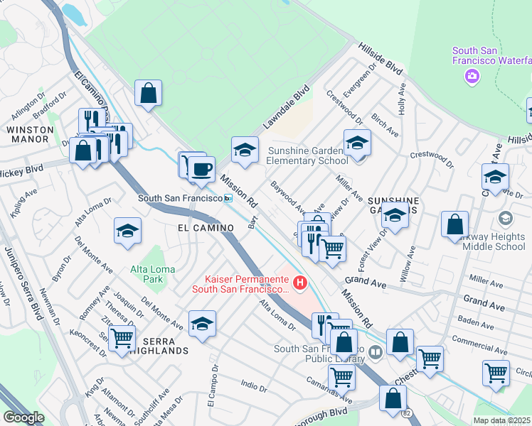 map of restaurants, bars, coffee shops, grocery stores, and more near 1270 Mission Road in South San Francisco