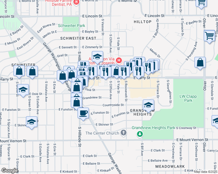 map of restaurants, bars, coffee shops, grocery stores, and more near 1635 S Clifton Ave in Wichita