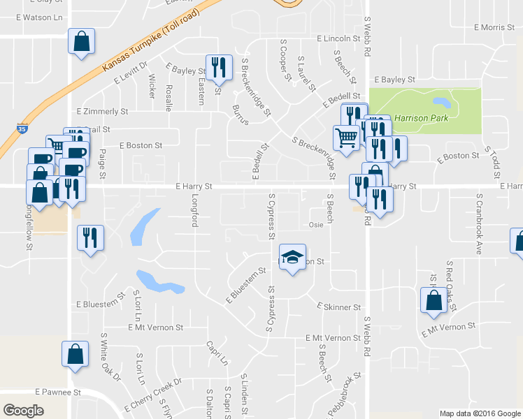 map of restaurants, bars, coffee shops, grocery stores, and more near 1645 South Cypress Street in Wichita