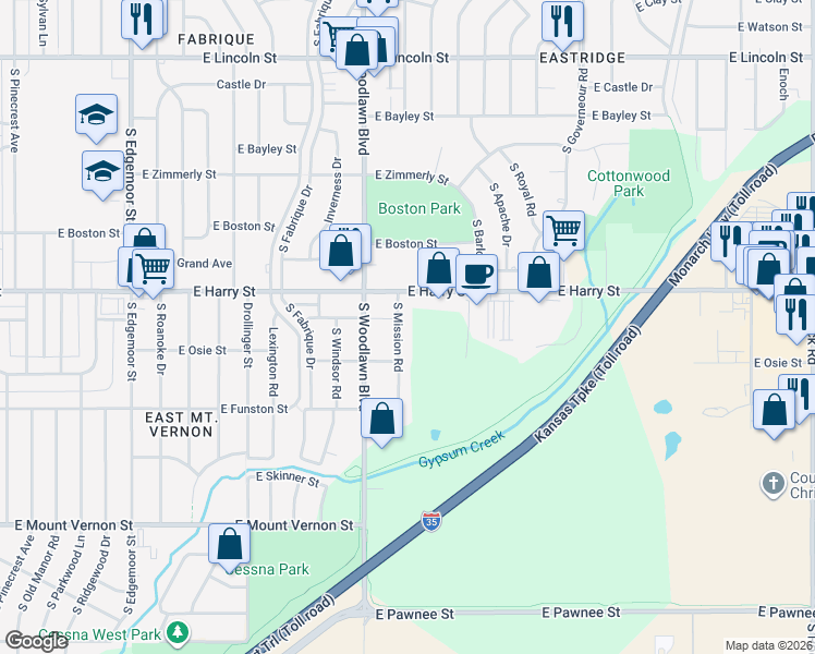 map of restaurants, bars, coffee shops, grocery stores, and more near 1636 South Mission Road in Wichita