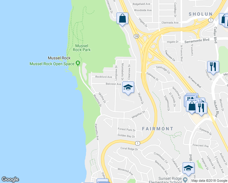 map of restaurants, bars, coffee shops, grocery stores, and more near 126 Longview Drive in Daly City