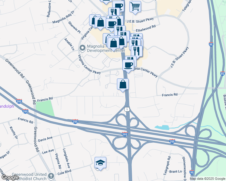 map of restaurants, bars, coffee shops, grocery stores, and more near 1212 Old Francis Road in Glen Allen