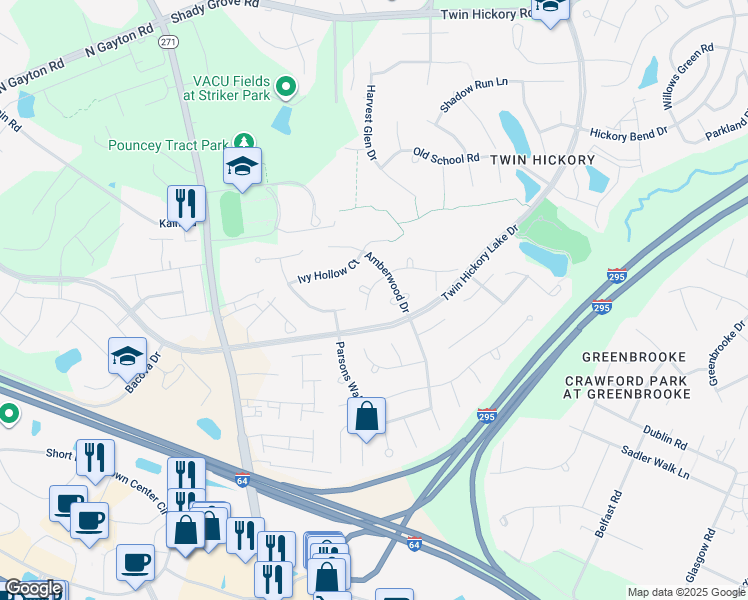 map of restaurants, bars, coffee shops, grocery stores, and more near 12017 Amberwood Lane in Glen Allen
