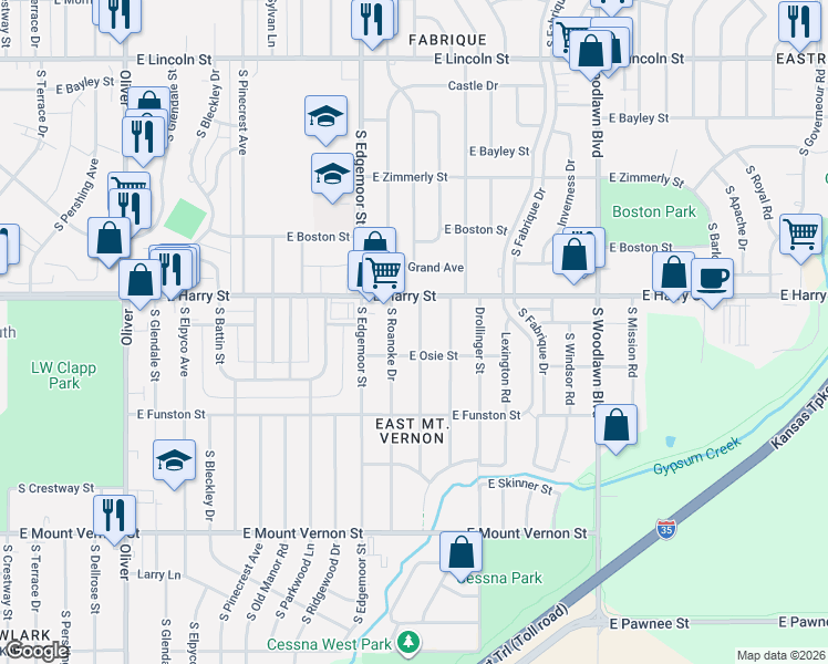 map of restaurants, bars, coffee shops, grocery stores, and more near 1631 South Faulders Lane in Wichita