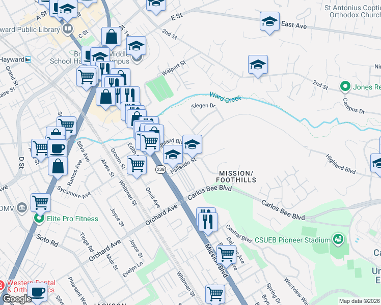 map of restaurants, bars, coffee shops, grocery stores, and more near 24657 Leona Drive in Hayward