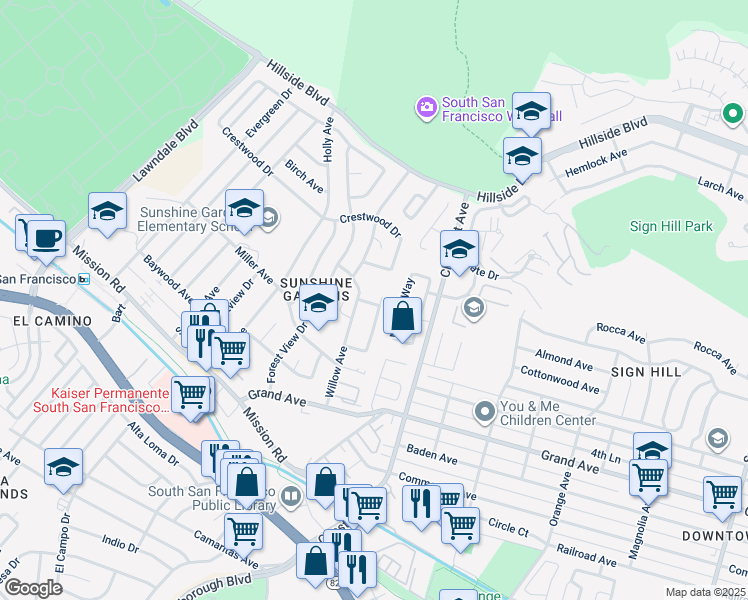 map of restaurants, bars, coffee shops, grocery stores, and more near 978 Brusco Way in South San Francisco