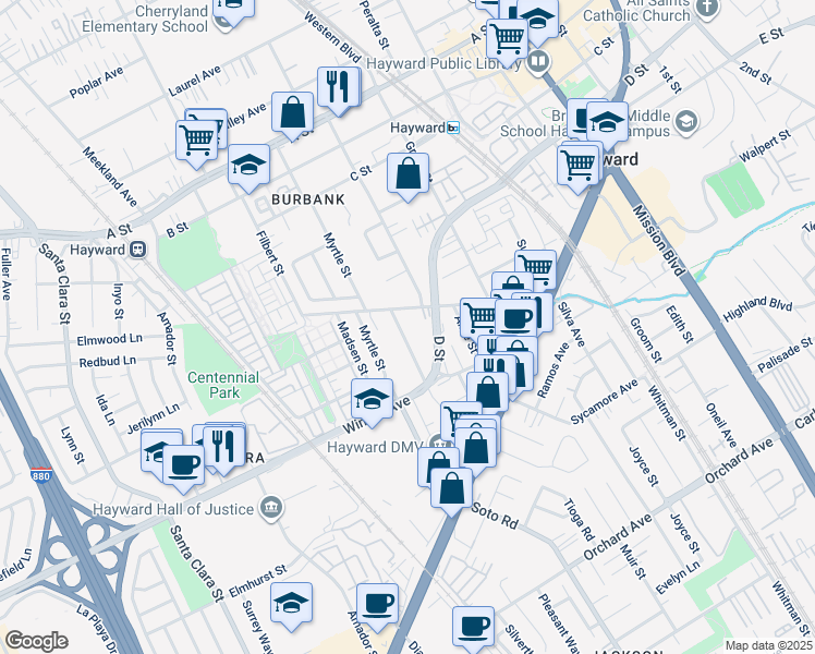 map of restaurants, bars, coffee shops, grocery stores, and more near 24020 Park Street in Hayward