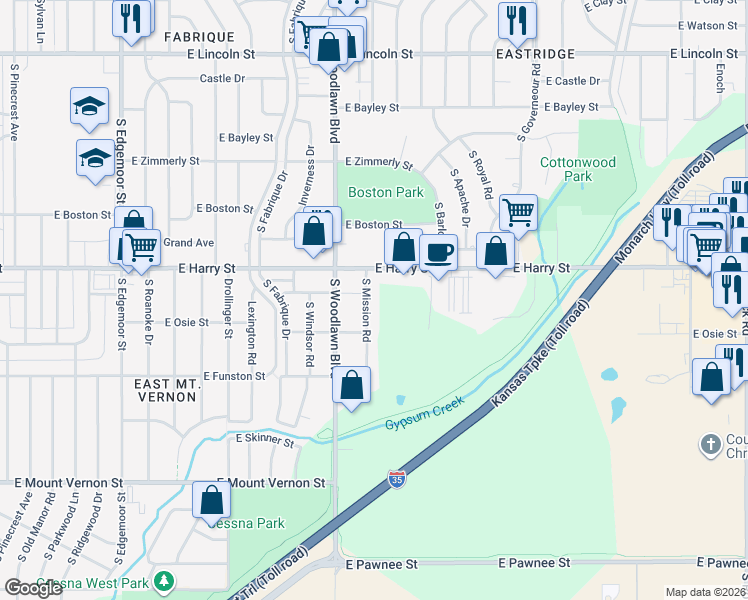 map of restaurants, bars, coffee shops, grocery stores, and more near 1636 South Mission Road in Wichita