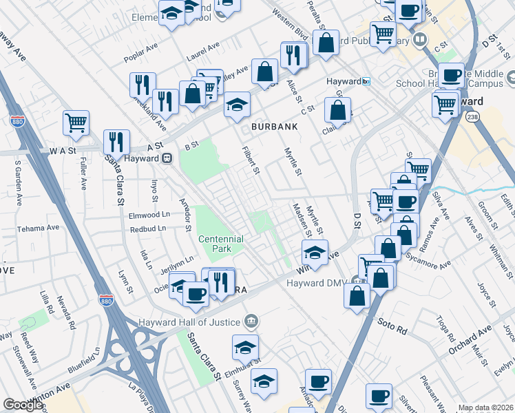 map of restaurants, bars, coffee shops, grocery stores, and more near 2112 Jubilee Drive in Hayward