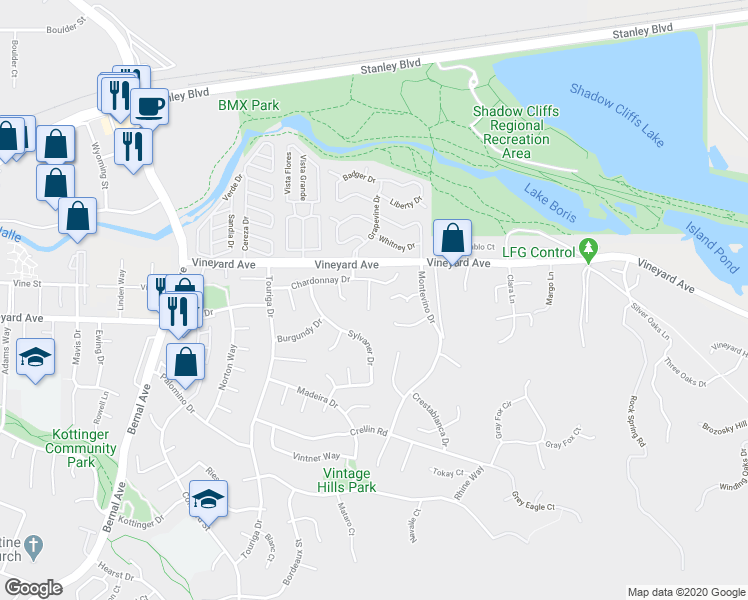 map of restaurants, bars, coffee shops, grocery stores, and more near 650 Orofino Court in Pleasanton