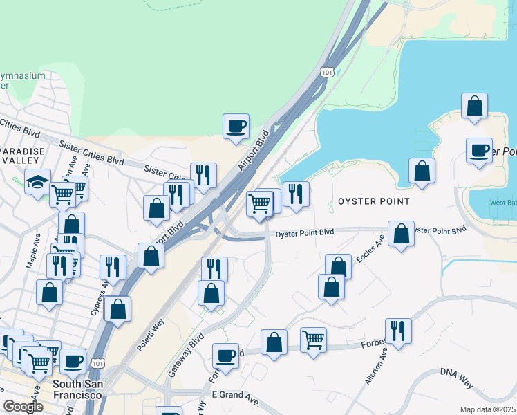map of restaurants, bars, coffee shops, grocery stores, and more near 101 Oyster Point Boulevard in South San Francisco