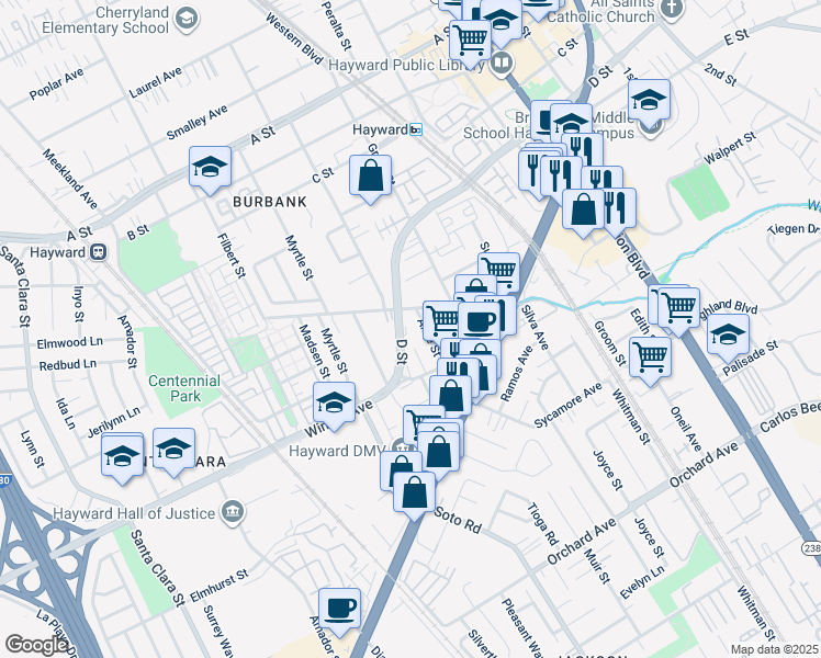map of restaurants, bars, coffee shops, grocery stores, and more near 319 D Street in Hayward