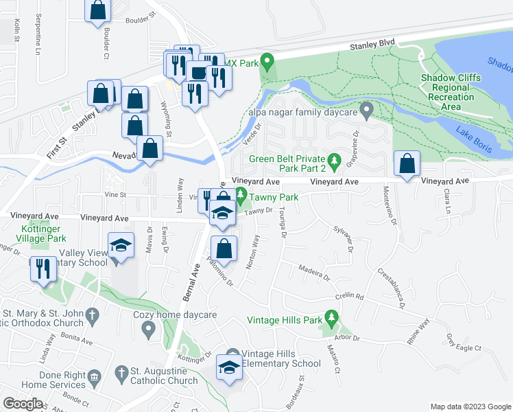 map of restaurants, bars, coffee shops, grocery stores, and more near 560 Tawny Drive in Pleasanton