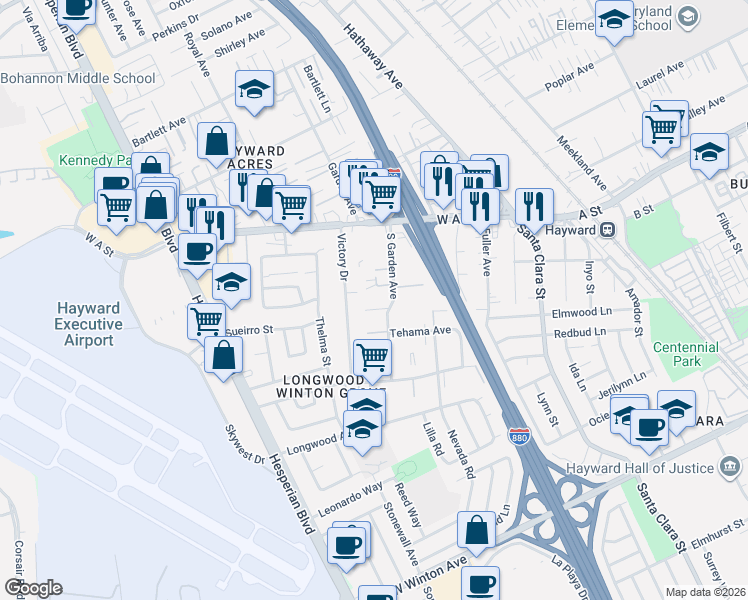 map of restaurants, bars, coffee shops, grocery stores, and more near 22329 South Garden Avenue in Hayward