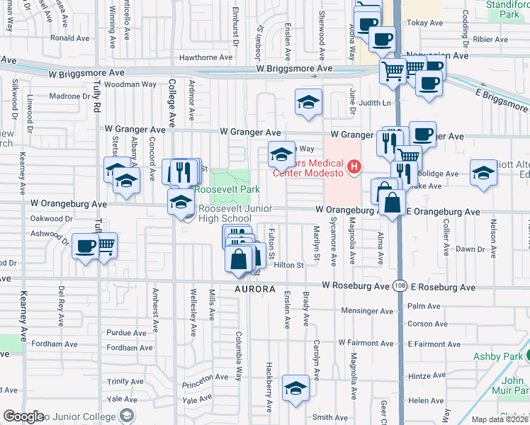 map of restaurants, bars, coffee shops, grocery stores, and more near 636 West Orangeburg Avenue in Modesto