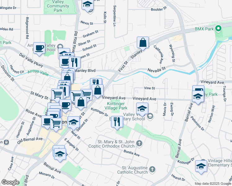 map of restaurants, bars, coffee shops, grocery stores, and more near 4059 Vineyard Avenue in Pleasanton